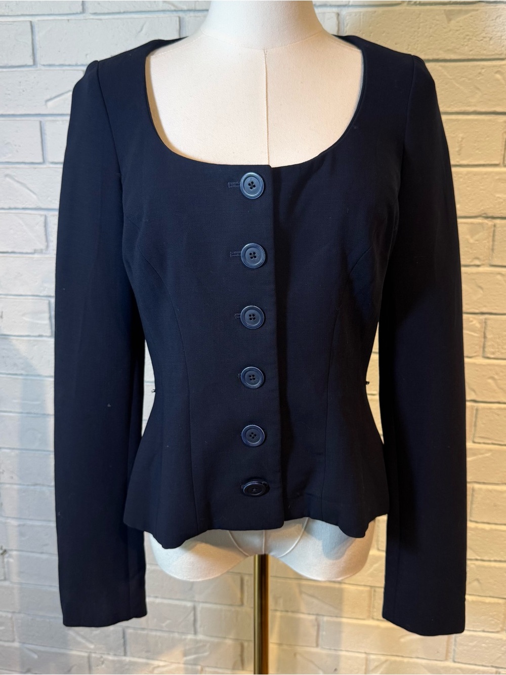 Vintage 90s Ralph Lauren Scoop Neck Navy Button Front Tailored Jacket Womens 8